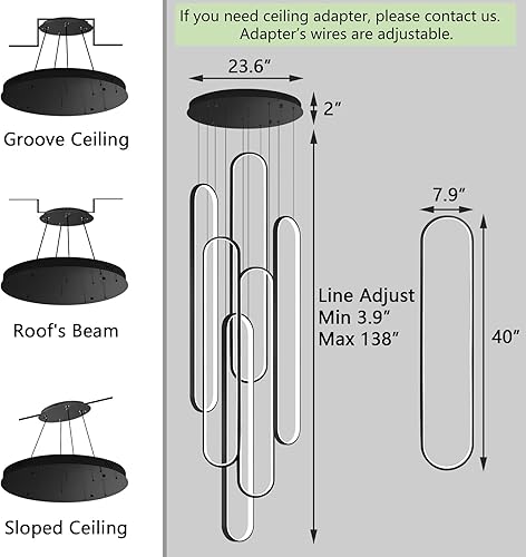 Miniatura 3 de Candelabro moderno de 6 anillos, luz LED negra grande contemporánea para escalera, lámparas de techo alto regulables con control remoto para villa