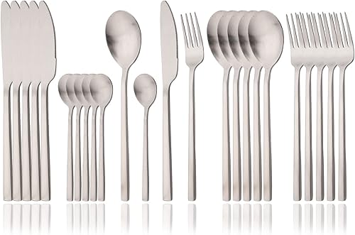 JASHII Juego de cubiertos cepillados, juego de cubiertos de acero inoxidable de 24 piezas, servicio para 6, cuchillo mate, tenedor, cucharas,