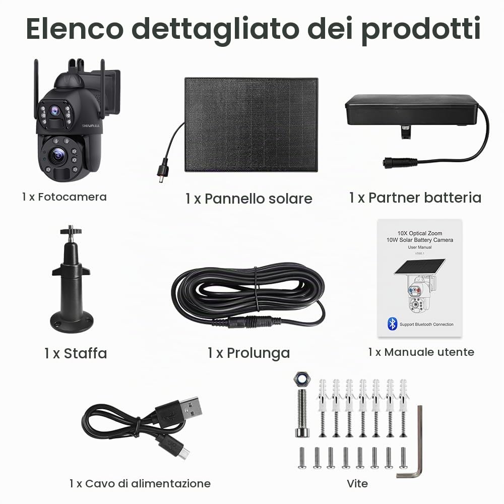 SHIWOJIA 36X Telecamera WiFi Esterno Solar, 6MP 360° PTZ Telecamera di Sorveglianza con Doppia Lente, 100m Visione Notturna a Colori, PIR Smart Detection, Audio Bidirezionale