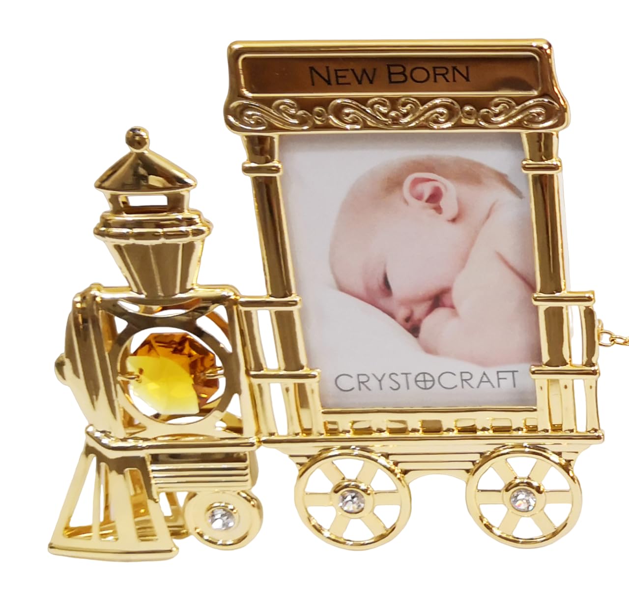 CORNICE PORTAFOTO Trenino con 2 vagoni GOLD con scritta NEW BORN - 3 e 6 MONTHS - CRYSTOCRAFT BOMBONIERE Nascita Battesimo Bimbo Bimba