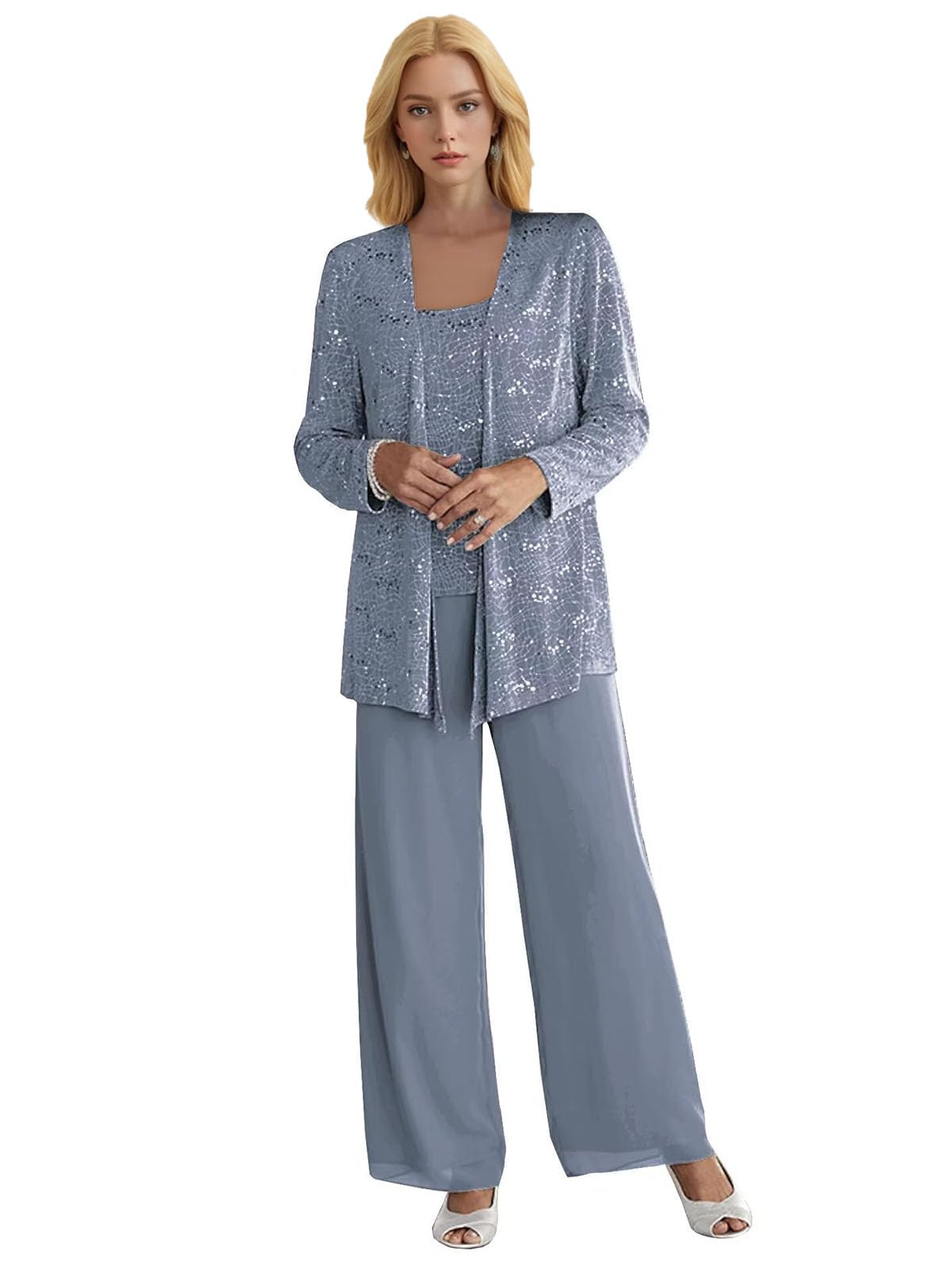 3 Pieces Mother of The Bride Pant Suits Chiffon Sparkly Sequin for Weddings Formal Cocktail Pant Suits with