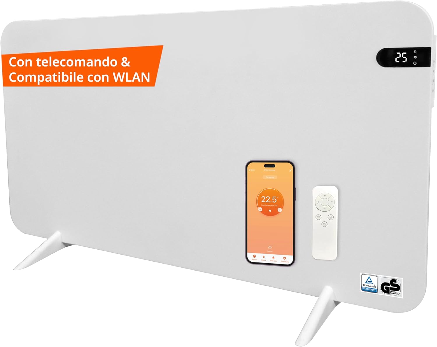 KÖNIGHAUS Smart Dual Infrared Heater 600W with remote control and smartphone displaying app, shown with feet for freestanding use.