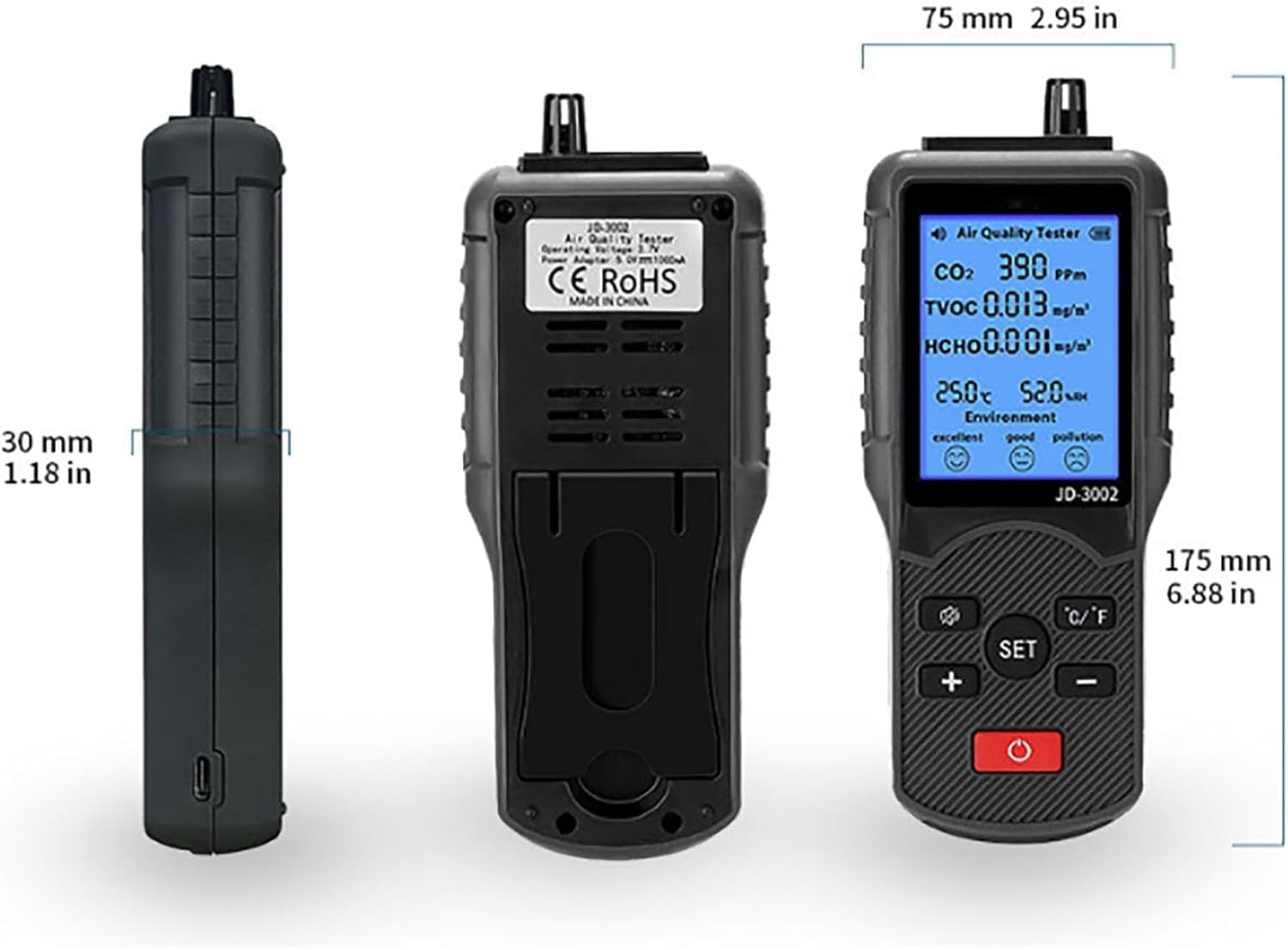 Medidor de calidad del aire, detector de formaldehído, visualización en tiempo real de CO2 en el aire, formaldehído/TVOC, temperatura/humedad, pantalla de 2,8 pulgadas, para dormitorios y oficinas dom