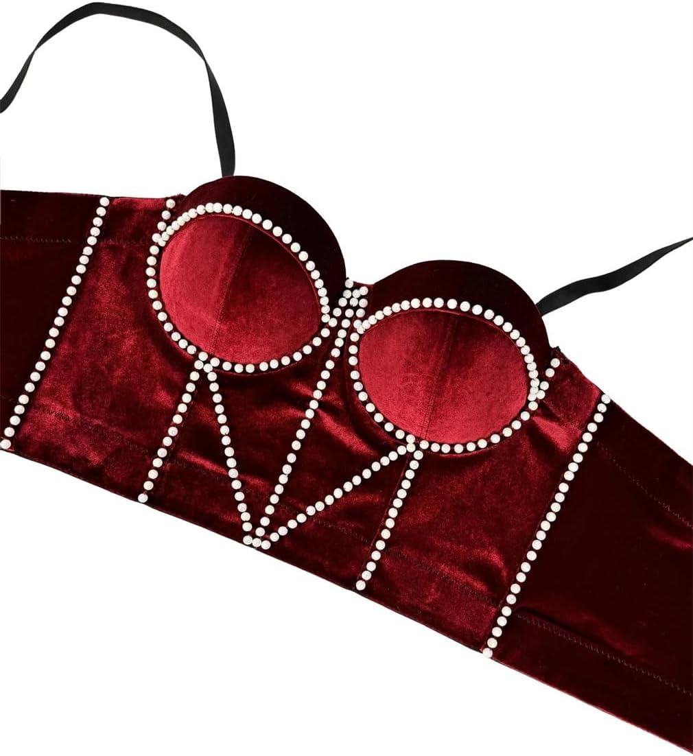 Women's Beading Embellished Corset Strap Fleece Spaghetti Straps Bone Bra Slim-Fit Bras