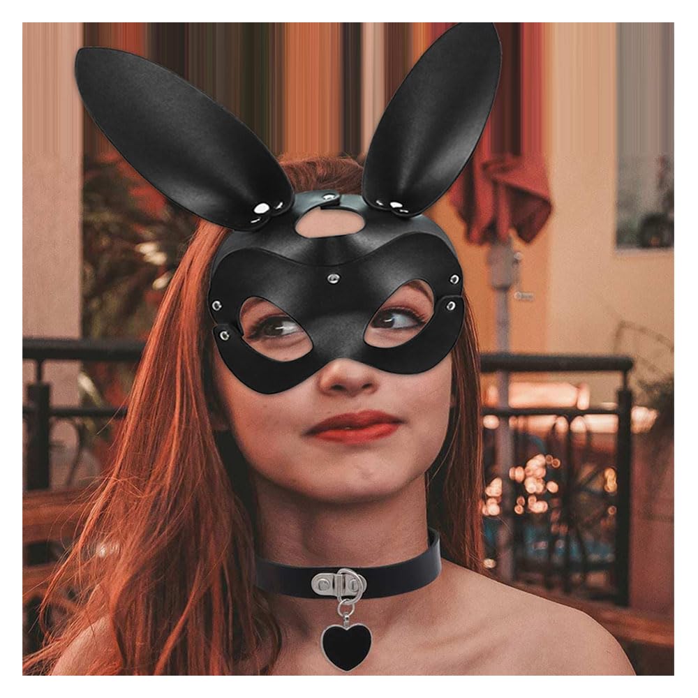 SUNNEE Leather Masks: Black Choker Mask Set for Women Half Face Mask Adults Cosplay Costume Party Props Accessory (Rabbit) - Image 4