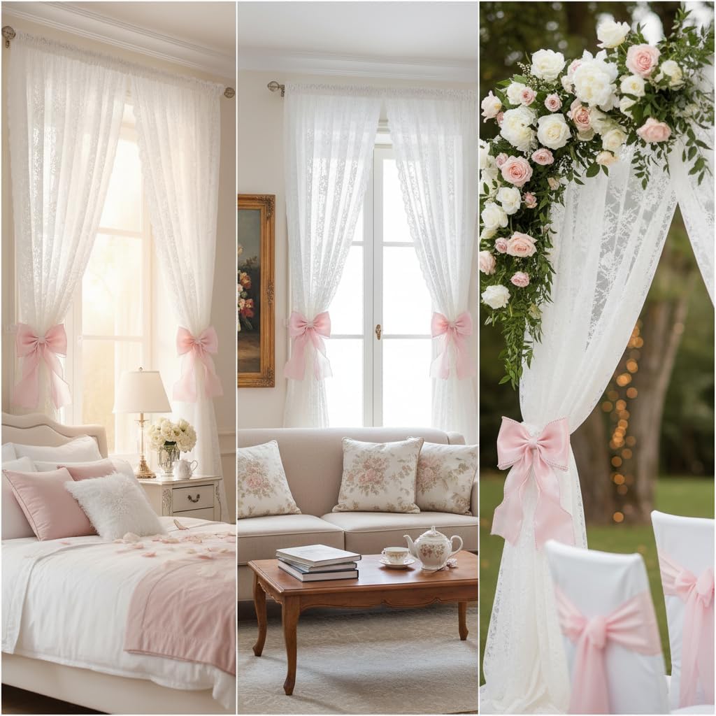 4 Pack Silky Bow Curtain Tiebacks, Lace Ribbon Bowknot Holdbacks, Elegant French Bow Tiebacks for Weddings, Home, Bedroom, Office Decor (Pink)