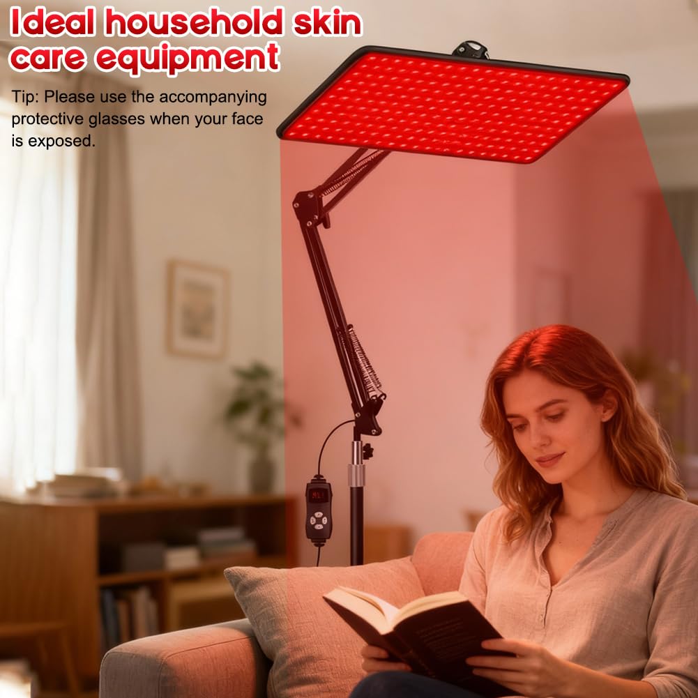 Czerwona lampa do całego ciała i twarzy z 200 diodami LED, lampa ciepła na podczerwień z 5 poziomami jasności i trybami długości fal (660 nm, 850 nm, 940 nm), duży panel LED z regulowanym stojakiem i