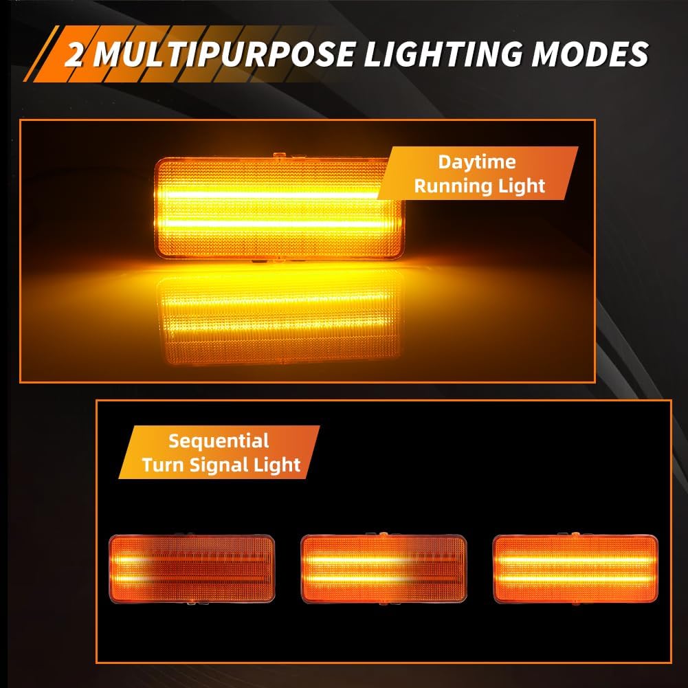 LED Front Turn Signal Marker Light Compatible with Mus-tang Capri 1979 1980 1981 1982 1983 1984 1985 1986, [2 in 1 Design] Amber Sequential Turn Signal Marker Light & DRL, 2 PCS, Amber Lens