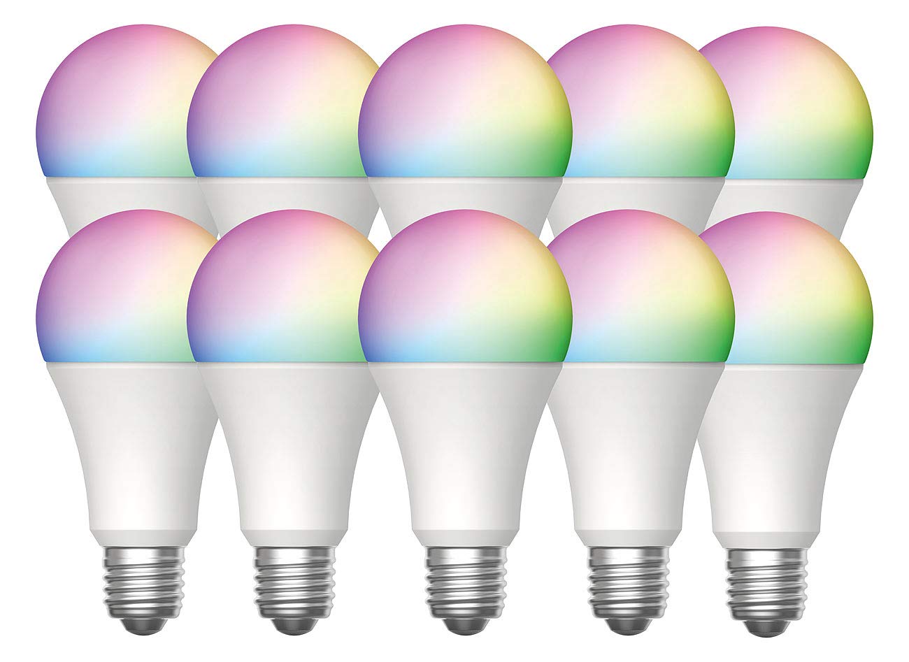 Luminea Home Control WLAN-LED-Lampe E27 RGBW: 10er-Set WLAN-LED-Lampen, E27, RGB-CCT, 9W (ersetzt 75W), F, 80lm, App (WLAN Leuchtmittel, WLAN-Birne)