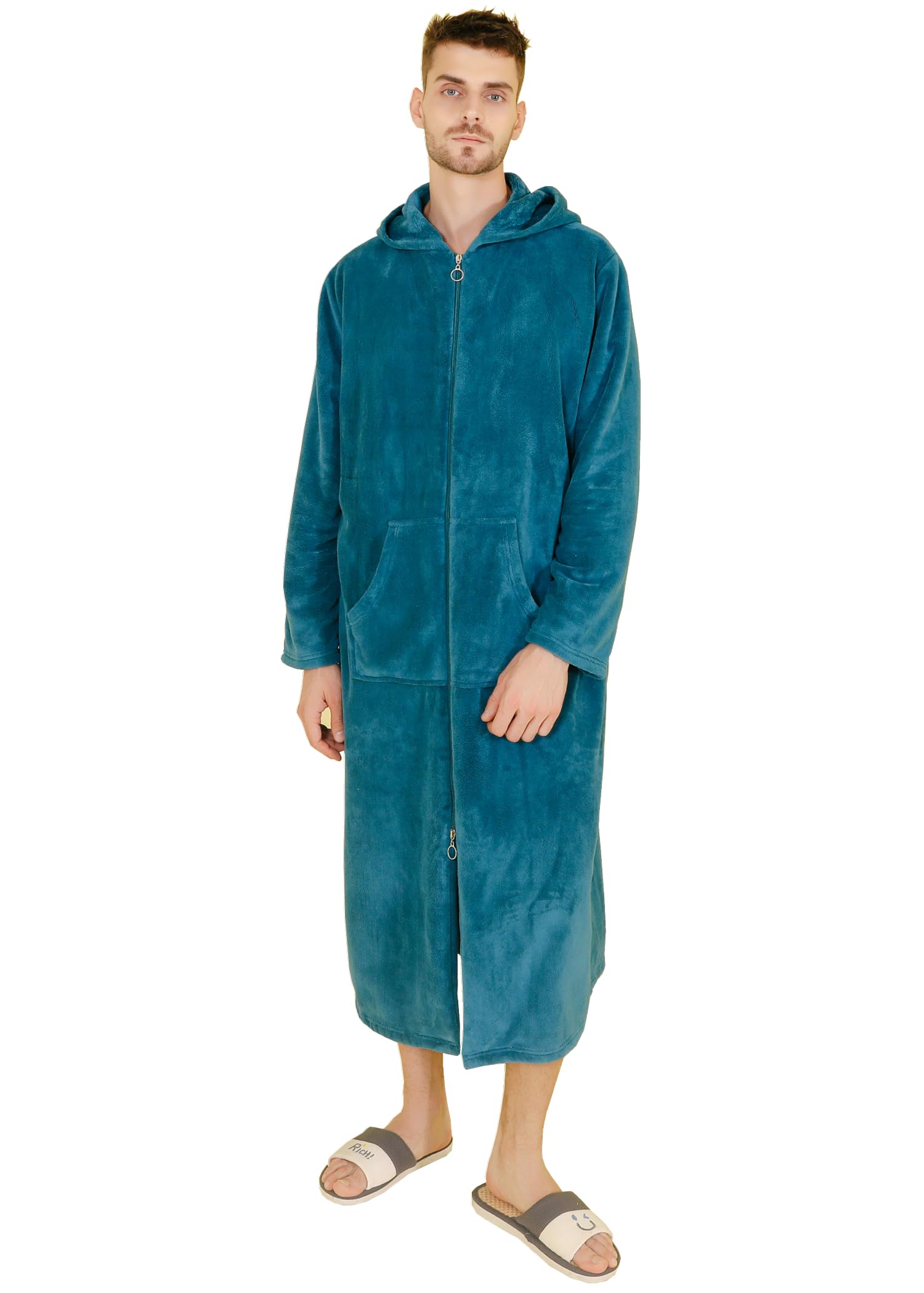 Damen/Herren-Bademantel aus weichem Plüsch mit Kapuze Reißverschluss warmem Fleece-Bademantel mit Gürtel Dicker Hausmantel für Herbst und Winter