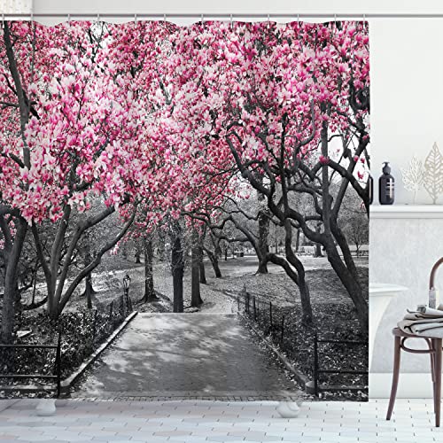 Ambesonne NYC Shower Curtain, Blossoms in Central Park Landscape Cherry Trees Forest Spring Season Picture, Cloth Fabric Bathroom Decor Set with Hooks, 69