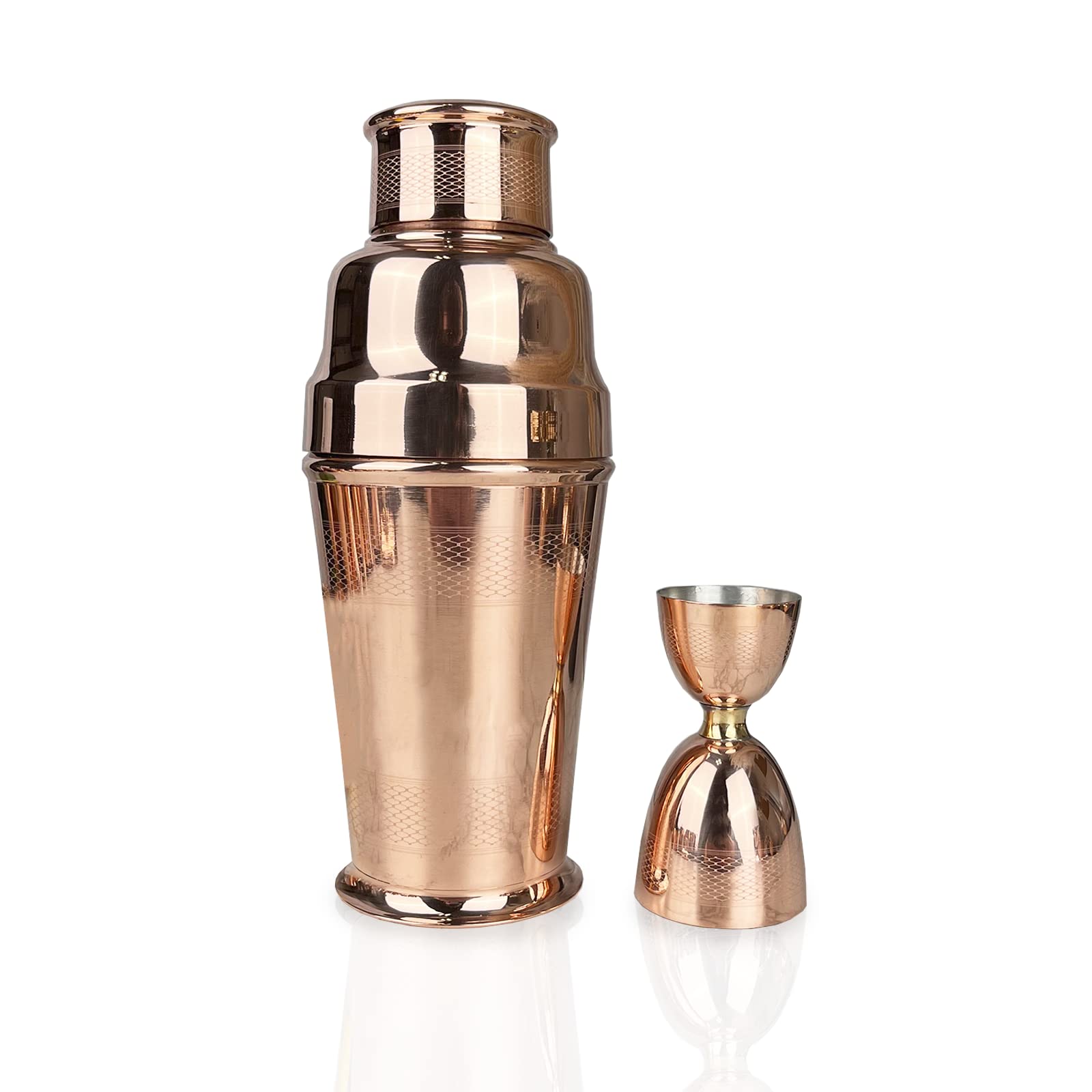 Coppermill Kitchen | Vintage Inspired Coctail Shaker & Jigger | Authentic Copper & Brass | 1900's Art Deco Style | Engine Turn Pattern