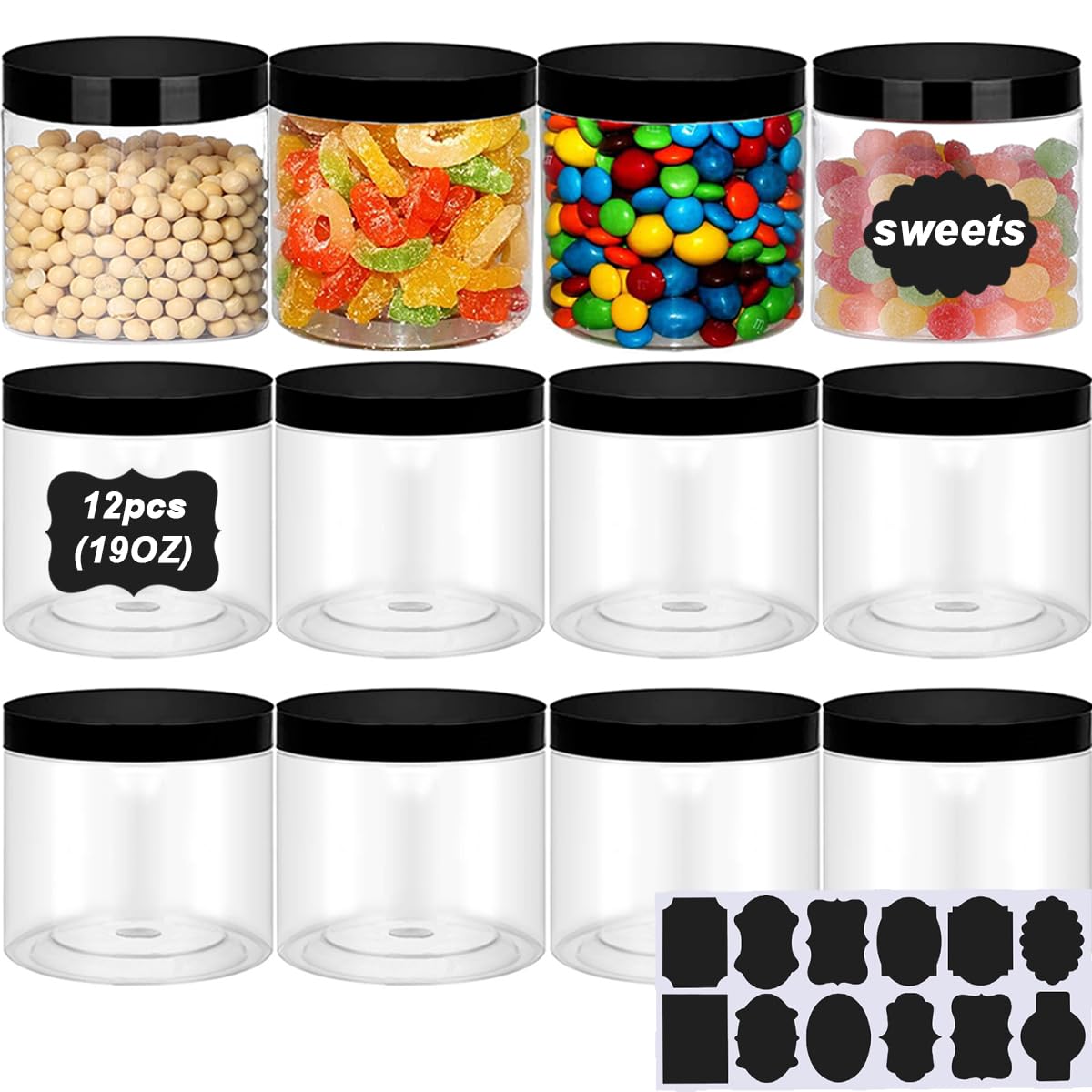 LOSYHU 19 OZ Clear PET Plastic Jars with Lids 12 Pack Large Plastic Slime Jars Refillable Storage Jar with Lid Clear Round Slime Containers Jars for Storing Dry Food, Spice, Cookie, Candy