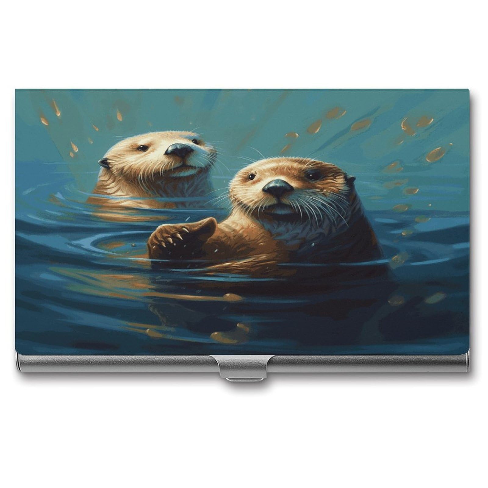 LDGSUPH Sea Otters Painting Business Card Holder Fashion Slim Name Card Holder Minimalist Design Case Metal Card Carrier Personalized Business Card Case with Flip for Men Women