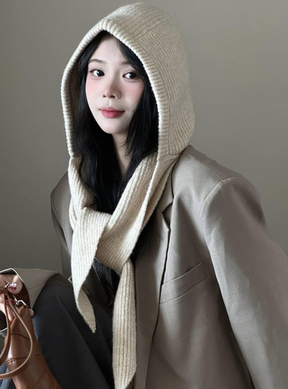 Women's Winter Knitted Hat Beanie Balaclava Hooded Cap Scarf Hat Soft Knit Skull Cap Hood Scarf Neck Warmer Beanies