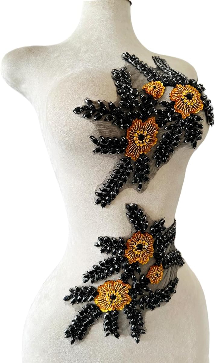 Two Colors Handmade Beaded Crystal Patches Bodice Lace DIY Applique Patches Accessory for Dress Clothes 1 Pair 8X12inches (Black Gold)