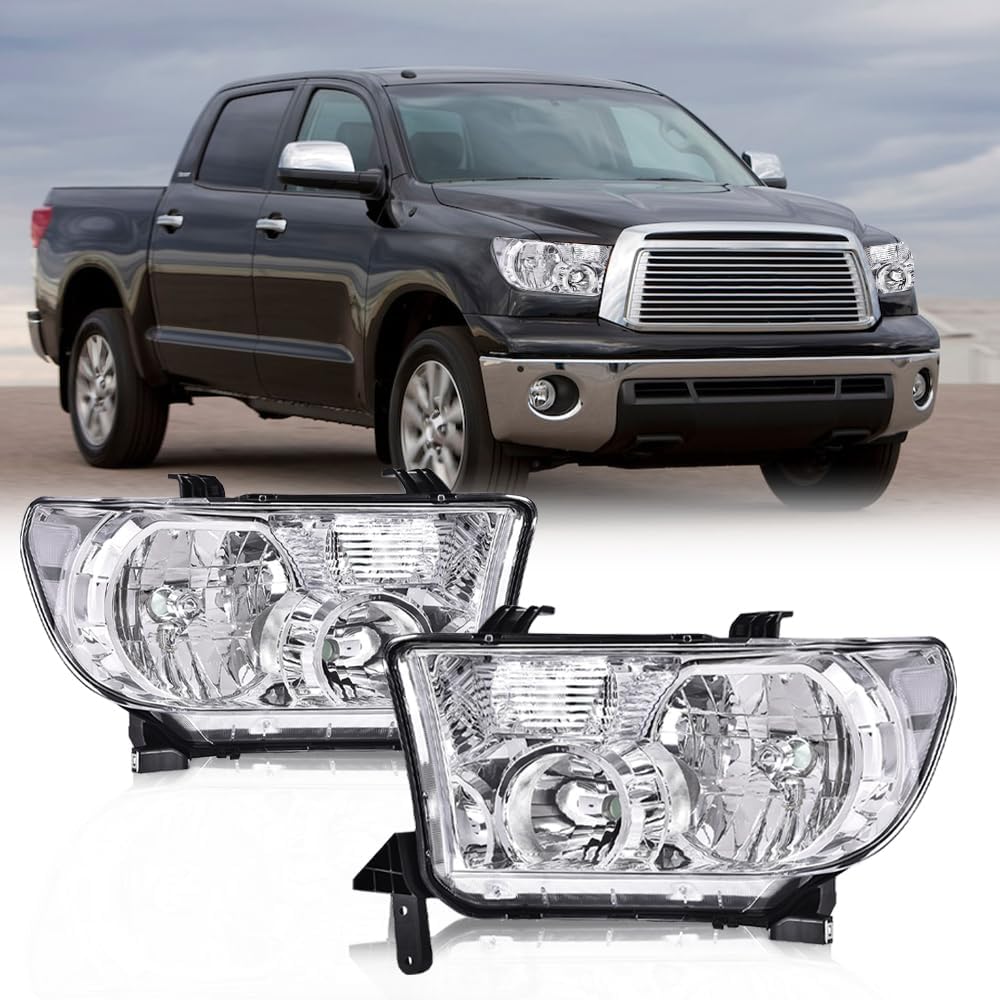 G-PLUS Headlights Assembly,Fit For 2007 2008 2009 2010 2011 2012 2013 Toyota Tundra/Fit 2008-2017 Toyota Sequoia Headlamps Replacement 811100C051 811500C051 Clear lens Chrome Housing Clear Reflector