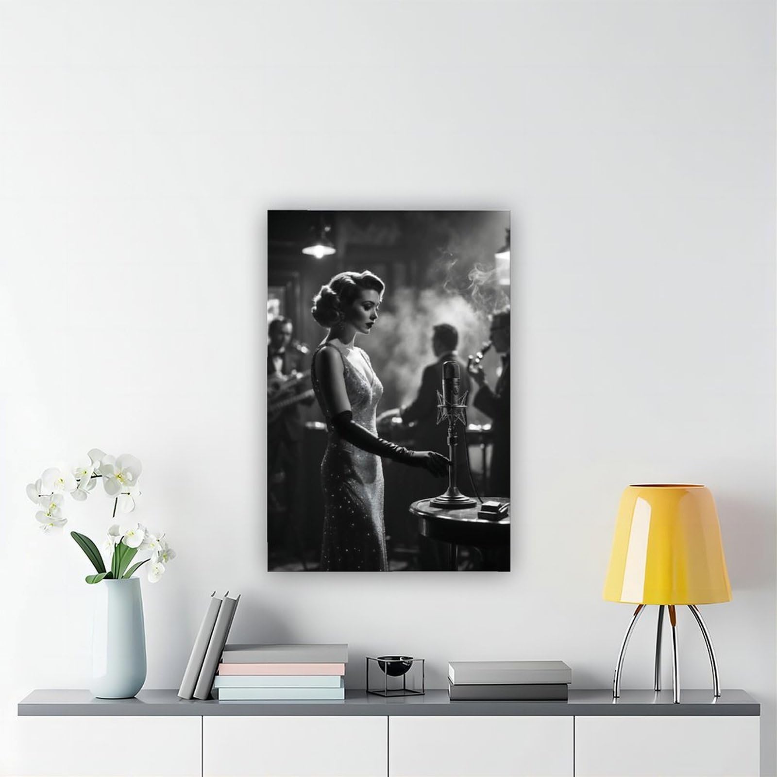 QIENAZIO Poster da parete in stile retrò con cantante jazz, musica in bianco e nero, elegante decorazione artistica da parete per camera da letto, ufficio, cucina, regalo, 60 x 90 cm