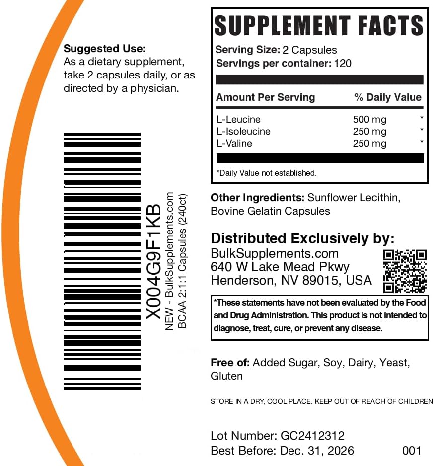 BulkSupplements.com BCAA 2:1:1 Capsules - Branched Chain Amino Acids, BCAA Supplements, BCAA Capsules, BCAA Pills - Gluten Free, 240 Capsules (Pack of 1) - Image 6