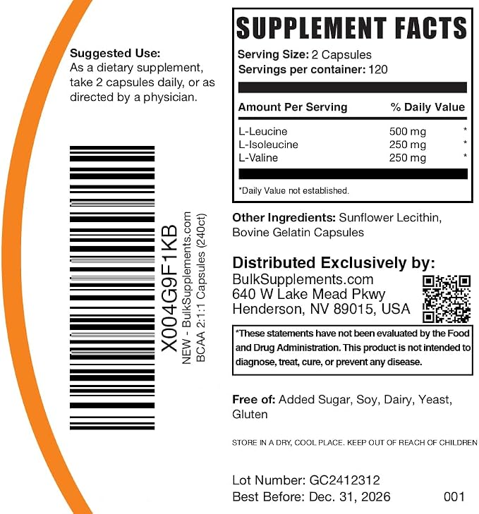 BulkSupplements.com BCAA 2:1:1 Capsules - Branched Chain Amino Acids, BCAA Supplements, BCAA Capsules, BCAA Pills - Gluten Free, 240 Capsules (Pack of 1) image 6
