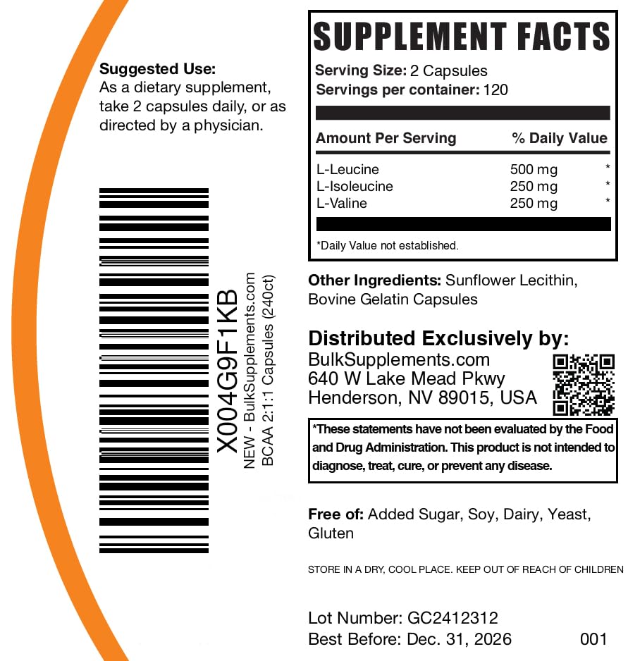 BulkSupplements.com BCAA 2:1:1 Capsules - Branched Chain Amino Acids, BCAA Supplements, BCAA Capsules, BCAA Pills - Gluten Free, 240 Capsules (Pack of 1) — Amazon image 6