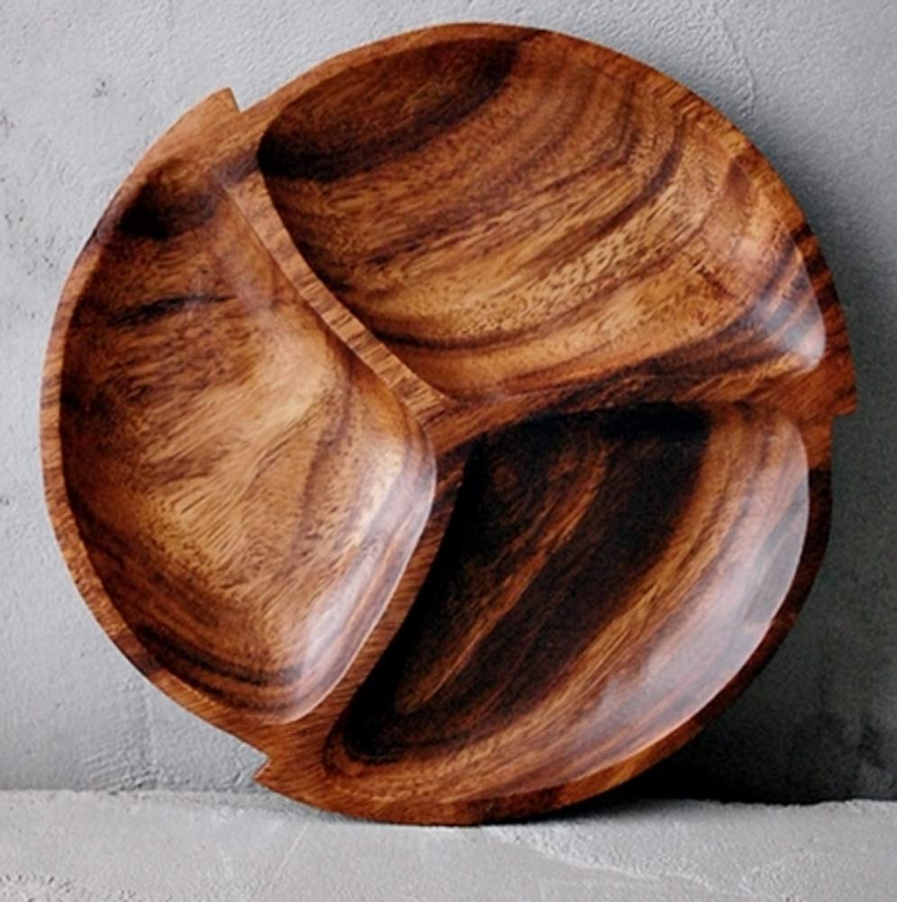 Premium Acacia Wooden 3-Compartment Divided Round Wood Plate Divided Dessert Dish Serving Trays Platters 3 Section