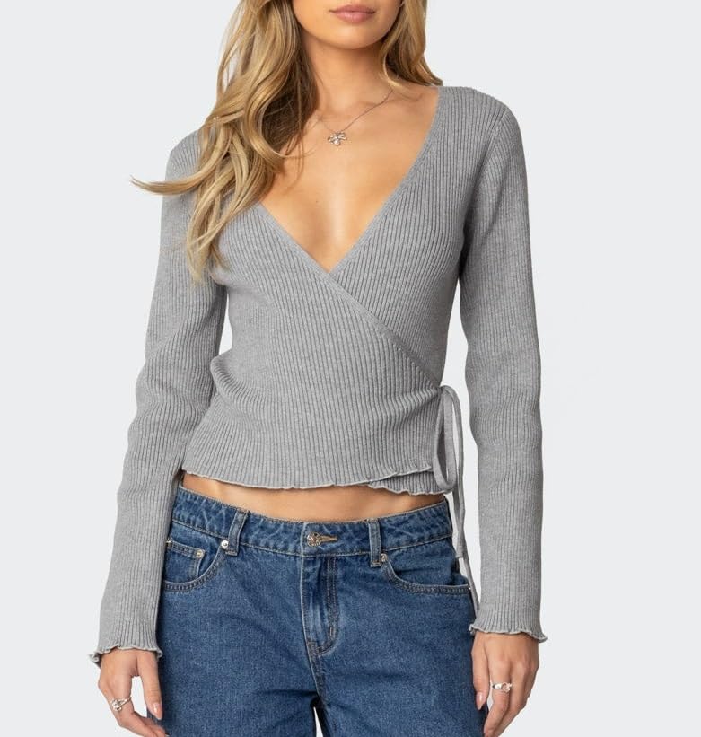 NUFIWI Ballet Wrap Sweaters for Women Long Sleeve V Neck Lightweight Pullover Y2k Tie Back Loose Ribbed Knit Shirts2