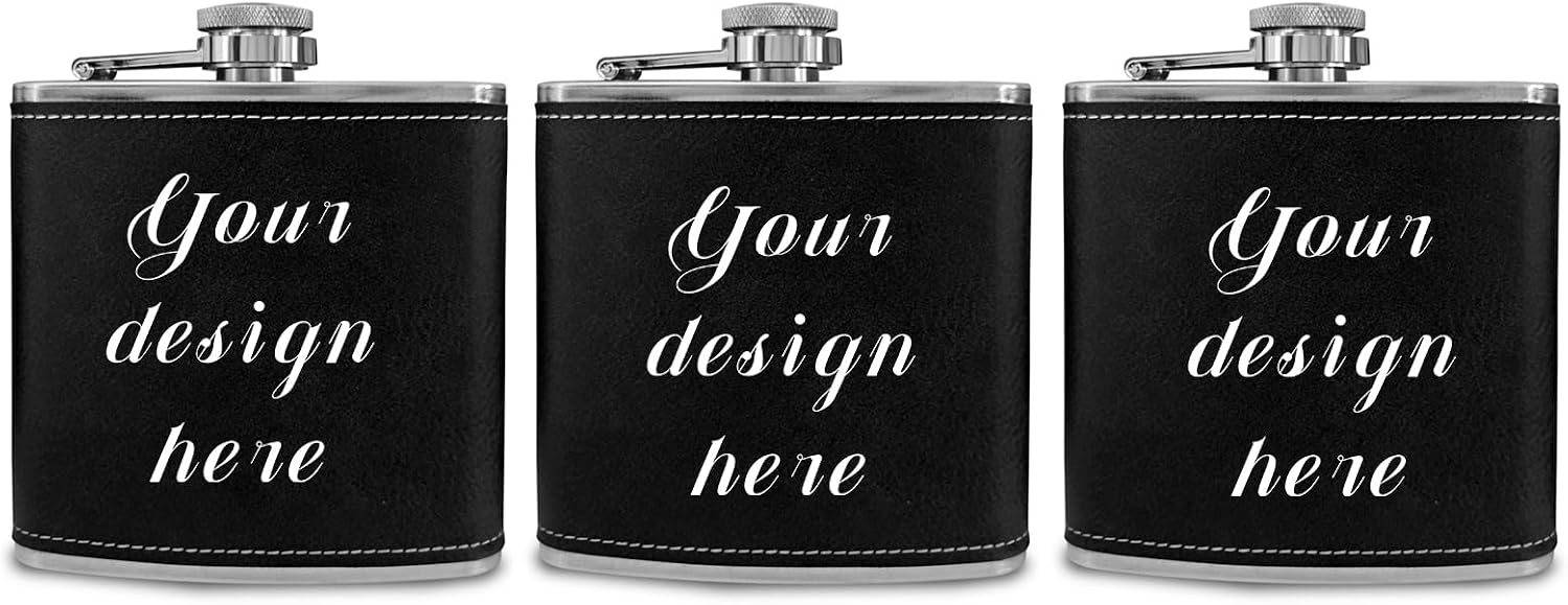 Personalized Vintage Leather Stainless Steel Flask 6oz, Custom Flasks with Photo/Logo/Text, Groomsmen Gifts for Wedding, Bachelor Party, Birthday, Father's Day (B-Black Set of 3)