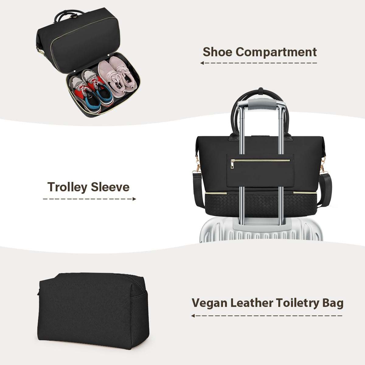 Bolsas de Viaje de Piel sintética para Fin de Semana para Mujer, con Compartimento para Zapatos, Bolsillo húmedo