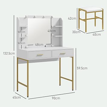 HOMCOM Dressing Table with Lighted Mirror, Cushioned Stool, Drawers, White