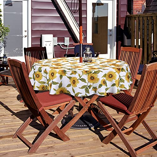 Qucover Sunflower Outdoor Tablecloth Round 150cm with Parasol Hole and Zipper