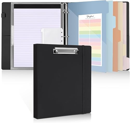 SKYDUE Carpeta portapapeles con bloc de notas recargable, carpeta portapapeles de PU incluye 5 separadores con 10 bolsillos, etiquetas, carpeta de 3