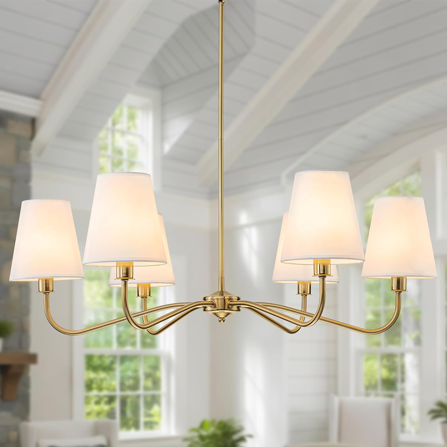 Brass Gold Chandeliers for Dining Room, 36" 6 Light Antique Modern Chandelier Light Fixture with White Fabric Shade, Classic Kitchen Pendant Lights over Table for Living Room Bedroom Entryway Foyer