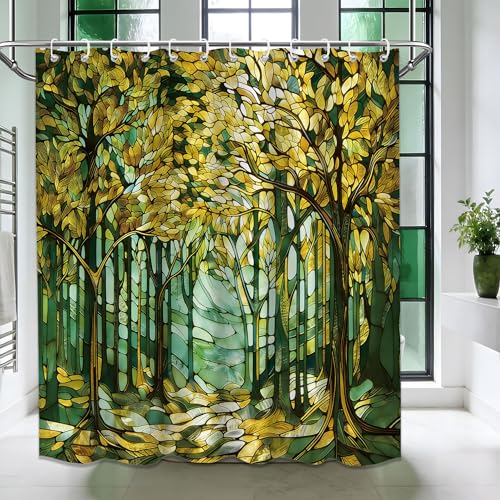 puuiui Sage Green and Gold Stained Glass Shower Curtain Light Olive Green and Gold Abstract Art Shower Curtains for Bathroom Decor Sets, Waterproof Cloth Fabric with Hooks, 60 x 72 Inch