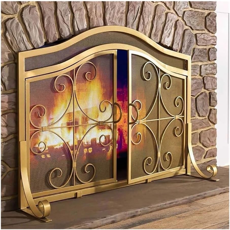 Fireplace Screen Double Door Designed Golden Fireplace Screen Hollow Out Carved Guardrail Living Roo