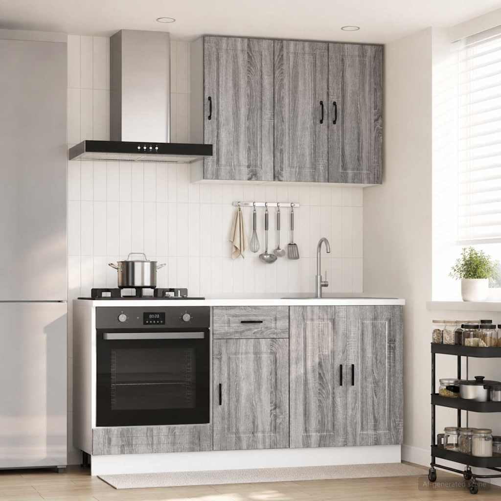 Küchenzeile Porto 5-teilig Küchenblock aus Holzwerkstoff, Moderne Miniküche Einbauküche Grau Sonoma, Küchenschrank Set mit Wand- und Unterschränken für Singleküche