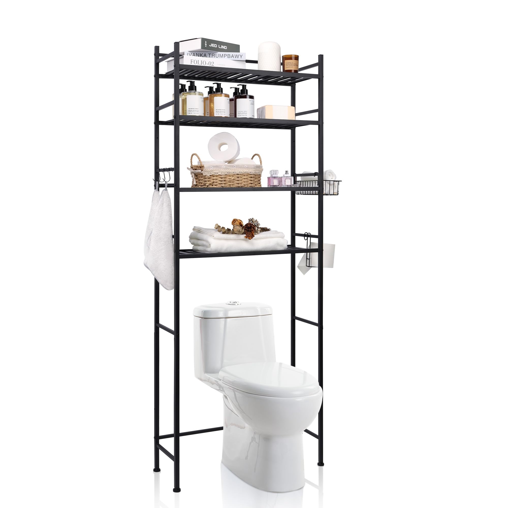 Black Over The Toilet Storage, G-Hemobel 4-Tier Bathroom Shelves Over Toilet, Metal Bathroom Space Saver Organizer with Toilet Paper Roll Holder, Hanging Basket and 3 Hooks, G-TS-4TB