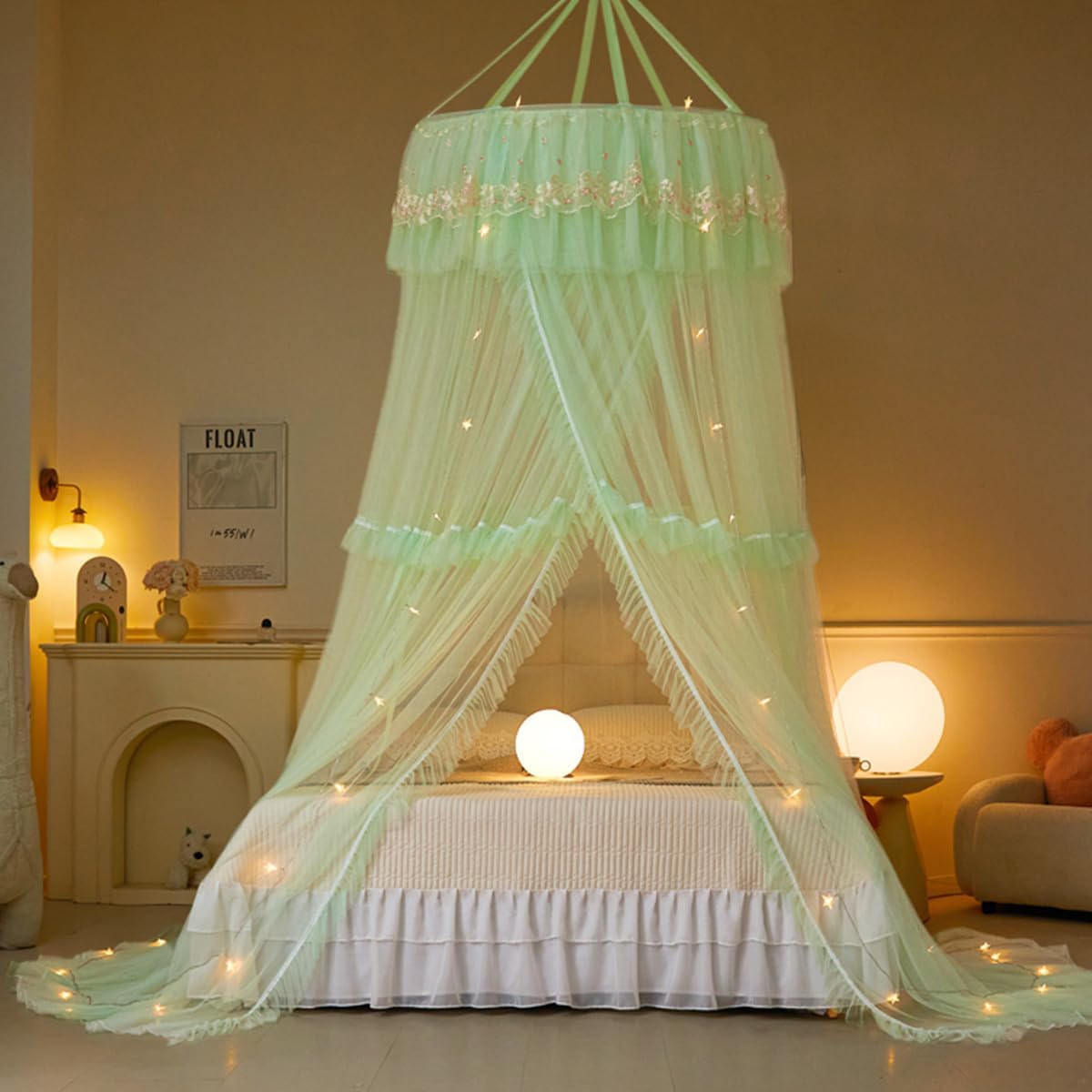 Akiky Bed Canopy for Girls Ruffle Princess Canopy Bed Curtains Round Dome Cozy Drape Netting Embroidery Lace Sheer Mesh for Girls&Adults Bedroom Décor(Green)