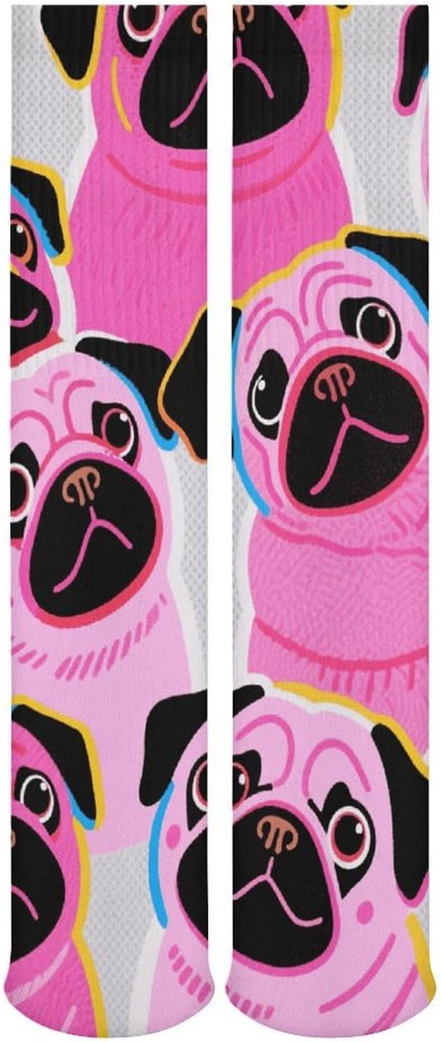 5-Pack Knee High Socks, 15.7 Inch Breathable Casual Socks Colorful Pugs Dogs Stockings for Men Women