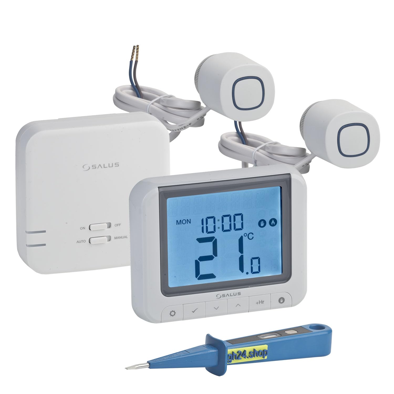 SALUS Controls Heizung Einzelraumregelung Digitaler Funk Raumthermostat mit Empfänger, 2X Stellantrieb und 1x gh24 Phasenprüfer