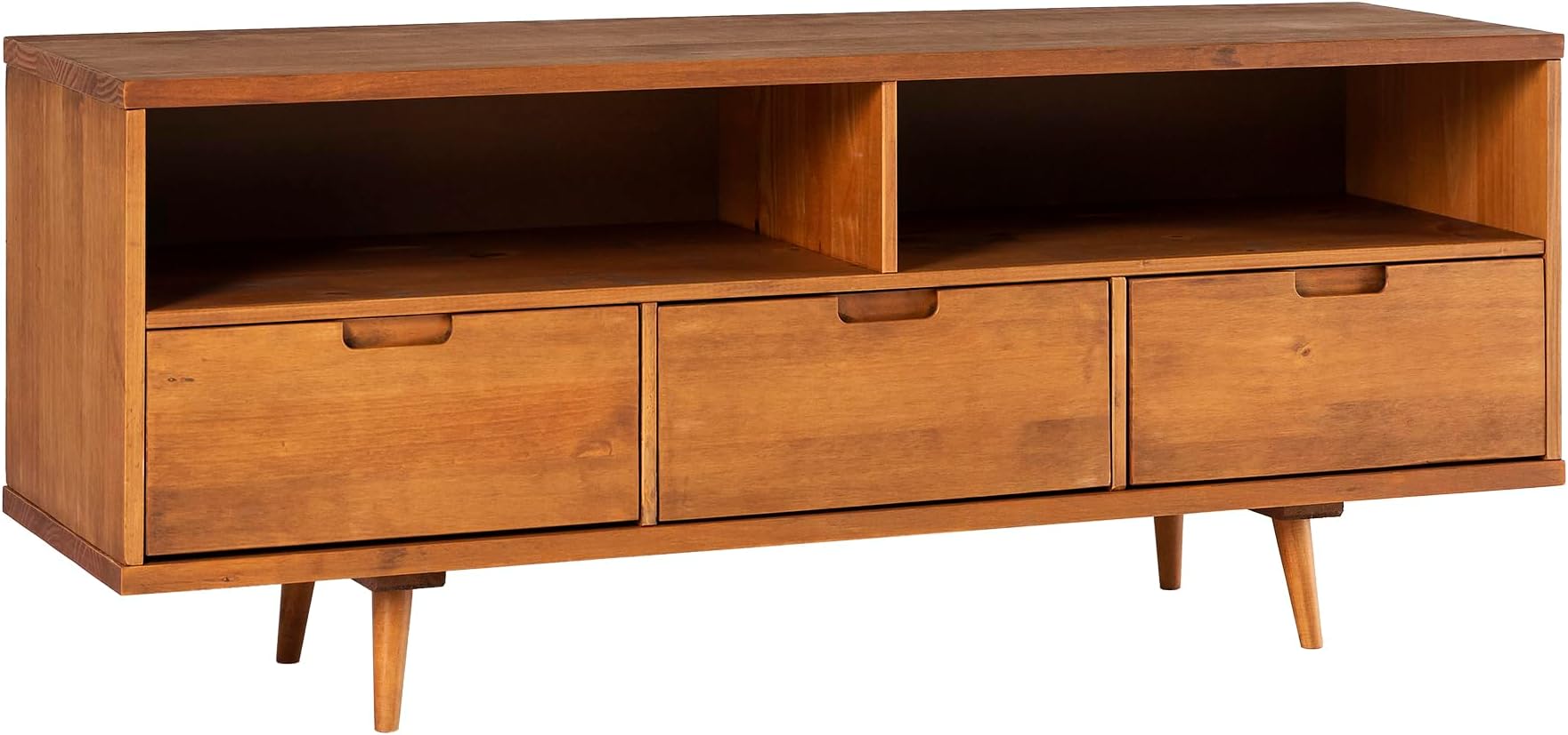 Walker Edison3-Drawer Mid Century Modern Wood TV Stand for TV's up to 65" Flat Screen Cabinet Door Living Room Storage Entertainment Center, 58 Inch, Caramel