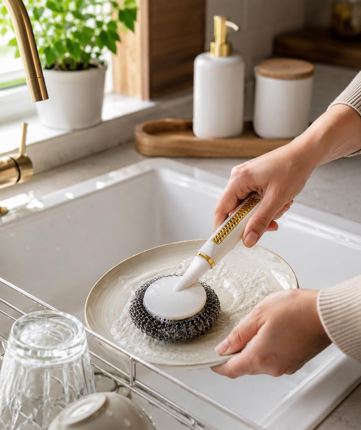 Suwors Saplı Çelik Bulaşık Teli - Paslanmaz Top Tel Bulaşık Süngeri ve Fırçası - İnatçı Yağ, Kir ve Yanıklar İçin Ergonomik Saplı Tencere Temizleyici - Mutfak Temizlik Gereçleri