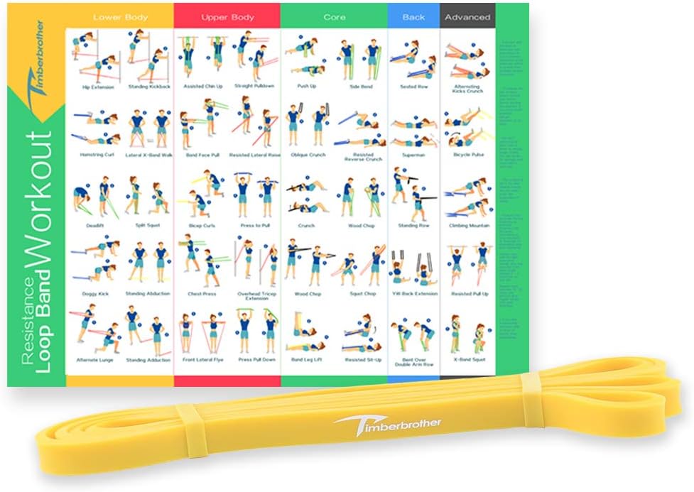 Timberbrother Pull up Assist Band with Workout Poster 16.5”x 22.4”, Stretch Resistance Bands Push up Bands for Body Stretching, Powerlifting, Resistance Training(Single Unit)