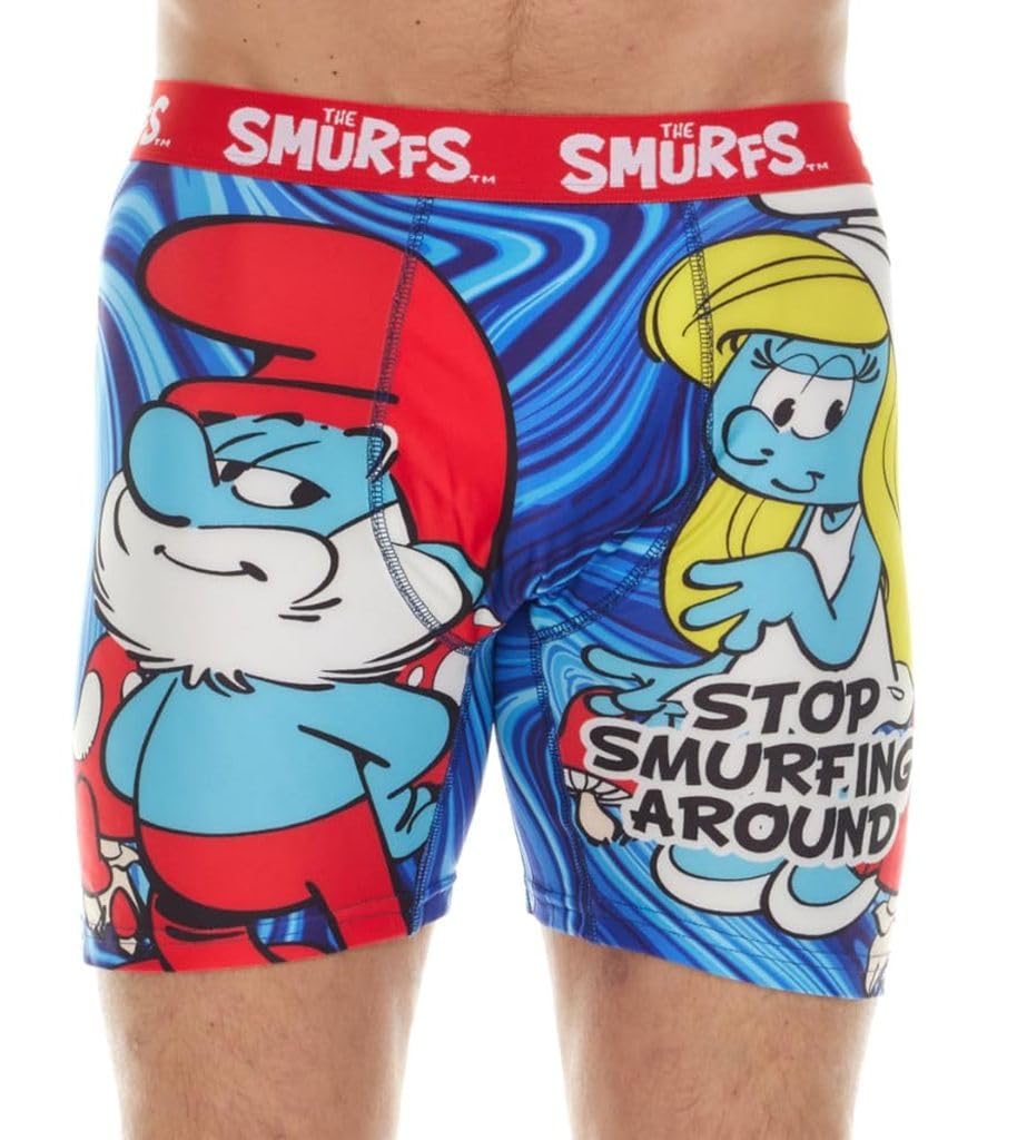 Coco Brands Men's Who's Your Papa The Smurfs Boxer Briefs - No Fly, Anti-Chafing Stitching, Comfort Shaped/Cotton Lined Crotch, S