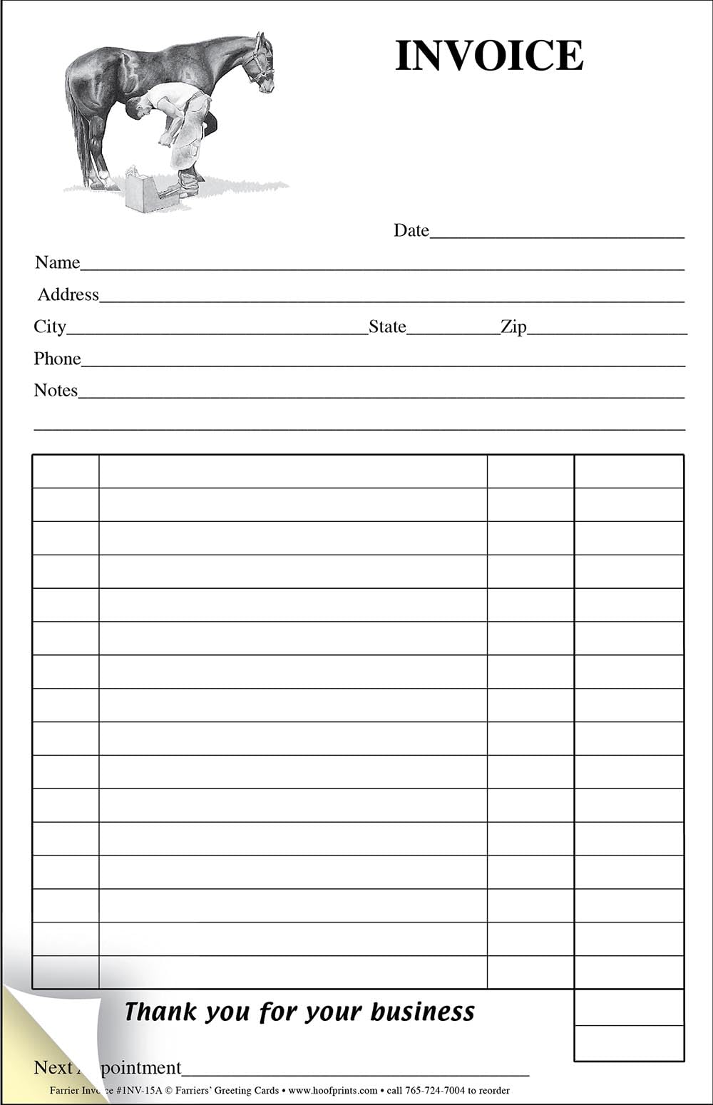 HoofPrints Modern Farrier Two-Part Carbonless Invoice Pad - 50 Sets of White and Yellow Copies - 5.5" x 9" - Made in USA