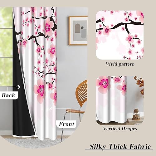 Miniatura 5 de Cortinas florales rosas para ventana, tratamiento de ramas de árbol de flores japonesas, cortinas con aislamiento térmico y bloqueo de luz para sala