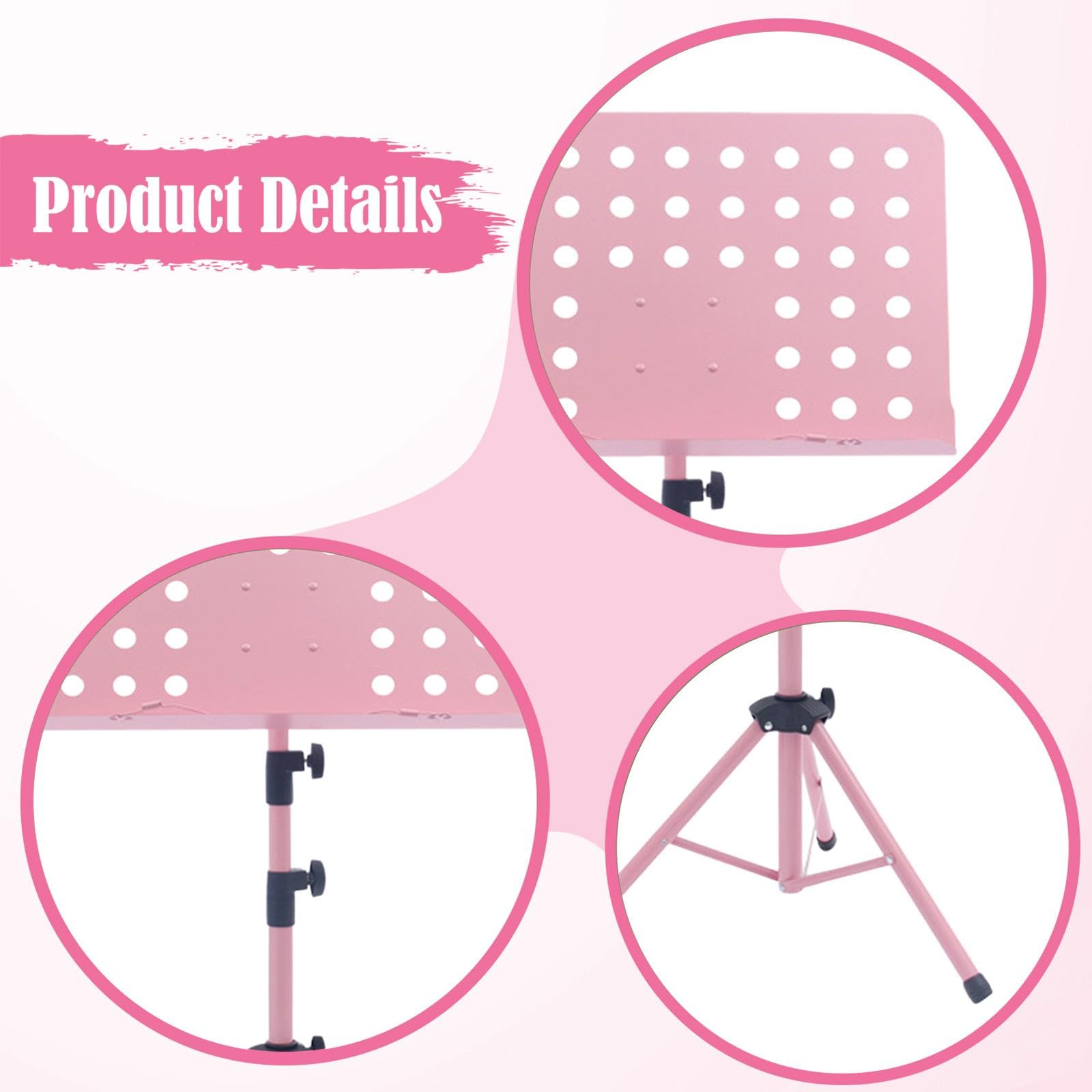 perfeclan Atril plegable para partituras, antideslizante, estable, robusto y práctico, altura ajustable para músicos profesionales, escenarios, Rosa