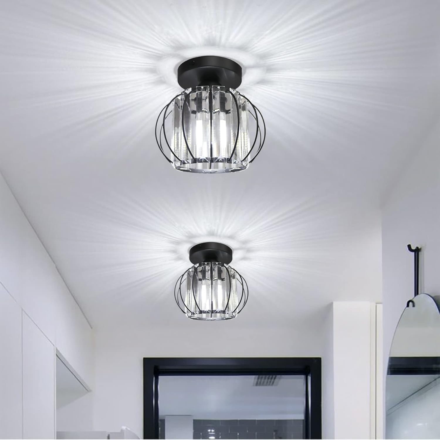 HGB Ke Senle Crystal Ceiling Light,Mini Flush Mount Ceiling Light, Small Crystal Chandelier, Entryway Pendant Light for Dining Room,Bedroom,Kitchen (Black)