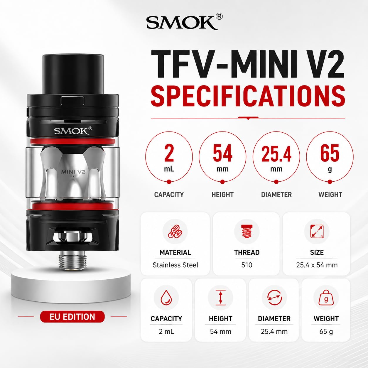 SMOK TFV-Mini V2 Vaping Tank, Unleash Flavor and Clouds, Works With Mini V2  Coils, 2mL Capacity, E Cigarette Tanks, E Cig Tops, SMOK Vaping Tanks, No  Nicotine (Black): Amazon.co.uk: Electronics & Photo
