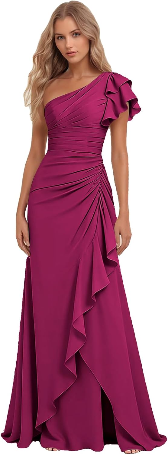 Ruffle Bridesmaid Dresses Mermaid Long Evening Dresses Chiffon One Shoulder Formal Dresses for Wedding Guest